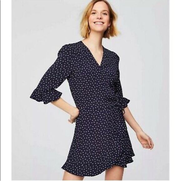 LOFT Women's 3/4 Sleeve Polka Dot Faux Wrap Romper Size 4 Navy Blue - Picture 1 of 8